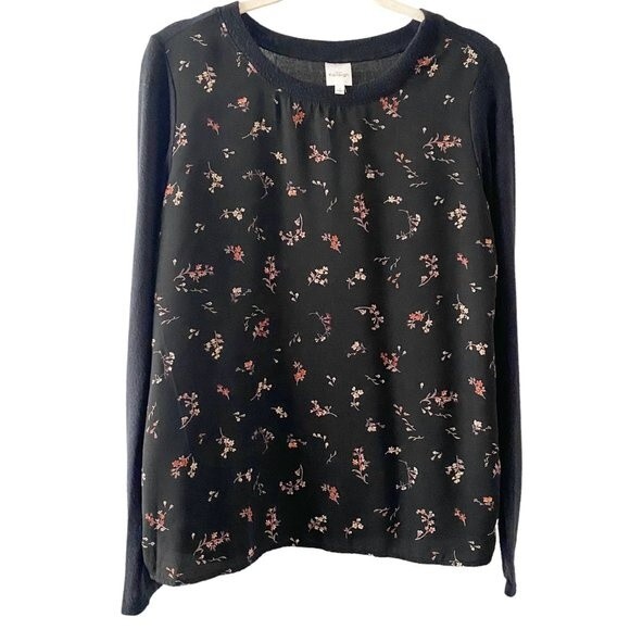 Kaileigh Mixed Media Fabric Black Fleece Floral Print Crew Neck Sweater S - Picture 1 of 9